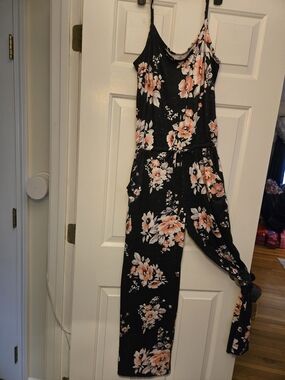 Floral Strap Jumpsuit in Black with Peach Blooms